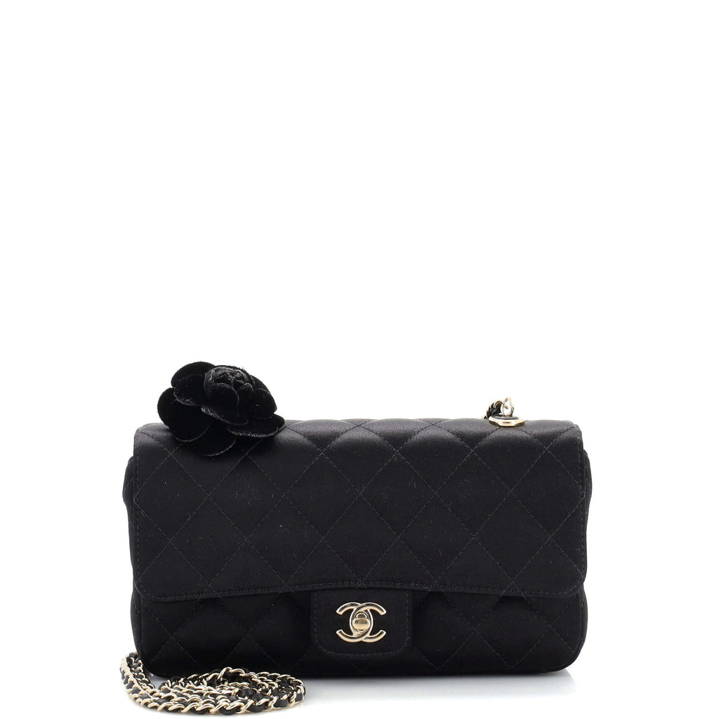 Chanel Camellia Chain Flap Bag Quilted Satin Mini Black 21348312