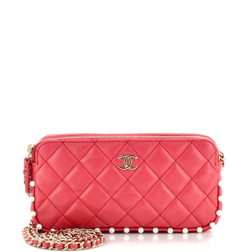 Chanel Double Zip Clutch with Chain Quilted Calfskin with Pearl Detail