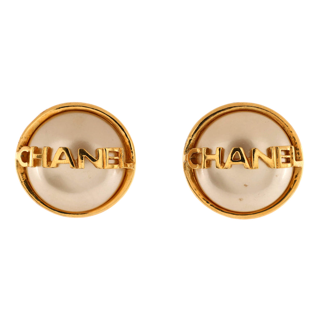 Chanel Vintage Round Logo Clip-On Earrings Metal with Faux Pearl Gold  21348337