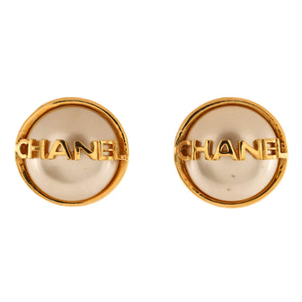 Chanel Vintage Round Logo Clip-On Earrings Metal with Faux Pearl