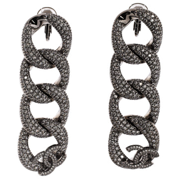 Chanel CC Drop Chain Link Clip-On Earrings Crystal Embellished Metal