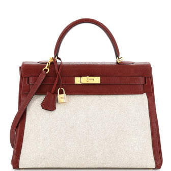 Hermes Kelly Handbag Toile and Red Chevre de Coromandel with Gold Hardware 35