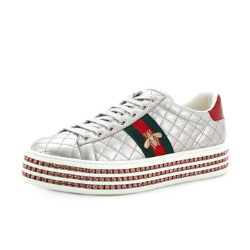 Gucci Women's Ace Web Platform Sneakers Quilted Leather with Crystals