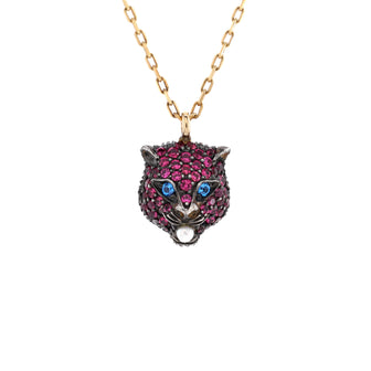 Gucci Le Marche Des Merveilles Feline Head Pendant Necklace 18K Yellow Gold with Rubies, Blue Topaz and Pearl