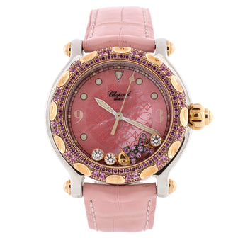 Chopard Happy Sport Fish Round Quartz Watch Stainless Steel and Alligator with Yellow Gold and Pink Sapphire Bezel, Floating Pink Sapphires and Diamonds and Mother of Pearl 38