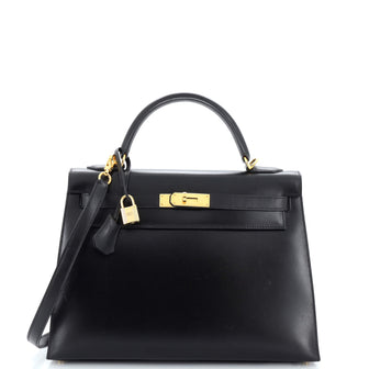 Hermes Kelly Handbag Black Box Calf with Gold Hardware 32