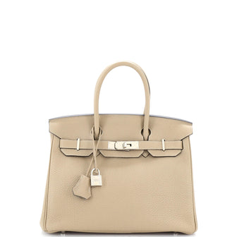 Hermes Birkin Handbag Light Clemence with Palladium Hardware 30