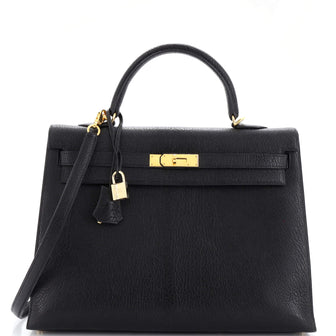 Hermes Kelly Handbag Black Chevre de Coromandel with Gold Hardware 35