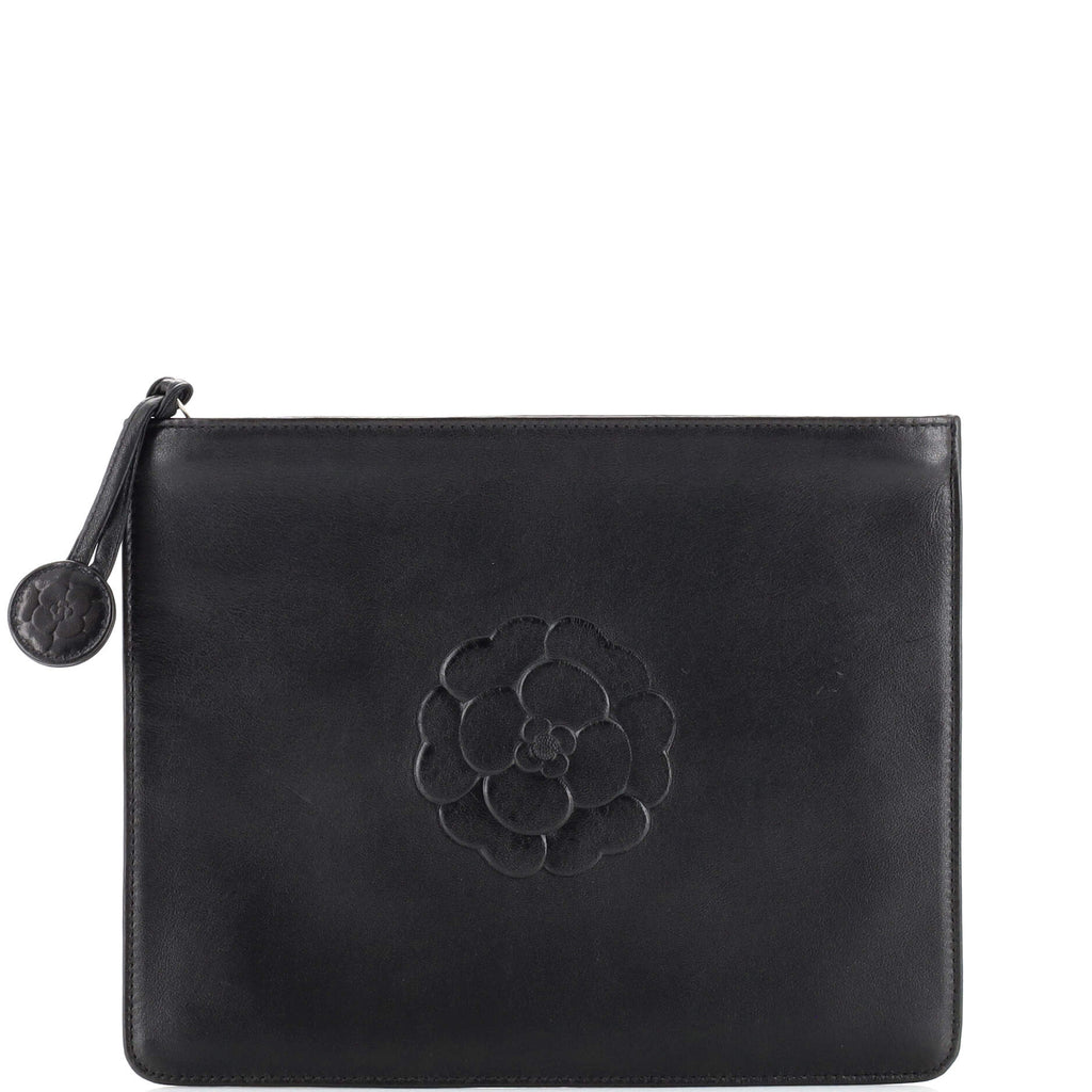 Chanel Vintage Camellia Zip Pouch Leather Small Black 213721235