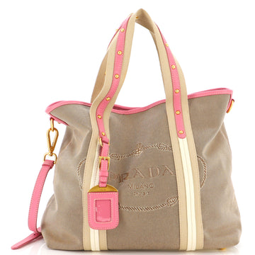 Prada Logo Convertible Tote Canvas with Studded Leather Large
