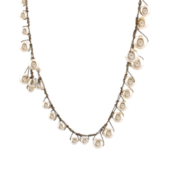 Chanel CC Single Strand Long Necklace Metal with Faux Pearls