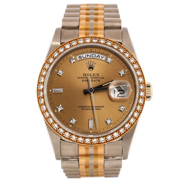 Rolex Oyster Perpetual Tridor President Day-Date Automatic Watch White Gold and Tricolor Gold with Diamond Bezel and Round and Baguette Diamond Markers 36