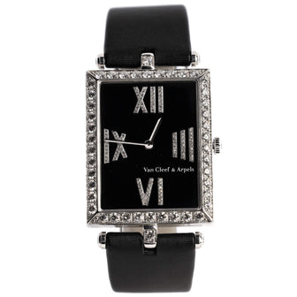 Van Cleef & Arpels Lady Arpels Classique Rectangular Quartz Watch White Gold and Satin with Diamond Bezel and Markers 27