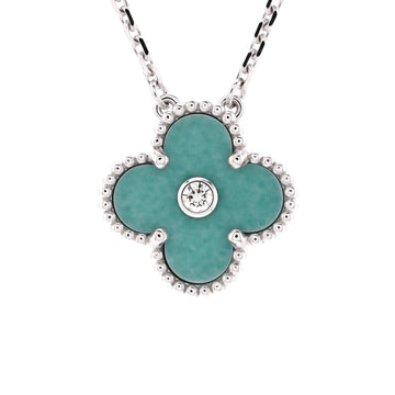Van Cleef & Arpels Vintage Alhambra Pendant Necklace 18K White Gold and Green Celadon Sevres Porcelain with Diamond