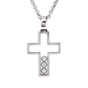 Chopard Happy 3 Diamonds Cross Pendant Necklace 18K White Gold with Floating Diamonds
