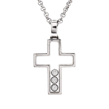 Chopard Happy 3 Diamonds Cross Pendant Necklace 18K White Gold with Floating Diamonds