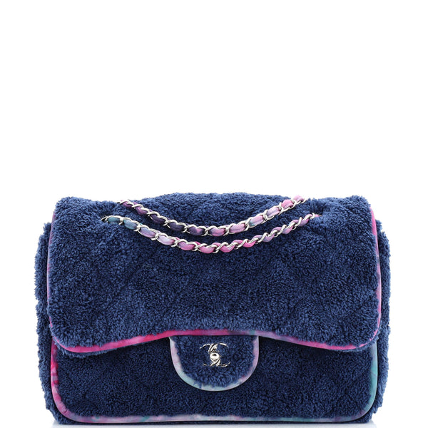 Chanel Classic Single Flap Bag Quilted Terry Cloth and Ribbon Jumbo Blue