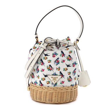 Prada Drawstring Bucket Bag Printed Canvas and Wicker Small