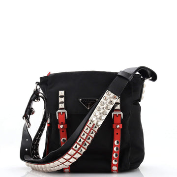 Prada New Vela Flap Shoulder Bag Tessuto with Studded Leather Small