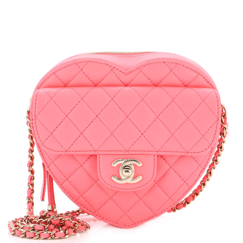 CHANEL Pink Lambskin Quilted CC In Love Heart Coin Purse With