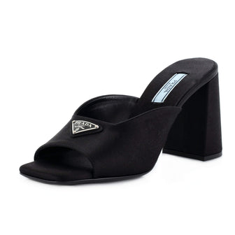 Prada Women's Triangle Logo Heeled Mule Sandals Satin