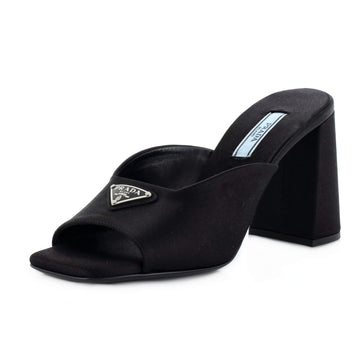 Prada Women's Triangle Logo Heeled Mule Sandals Satin