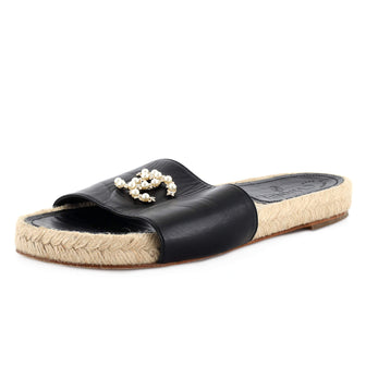 Chanel Women's CC Espadrille Slide Sandals Embellished Leather Black 2141881
