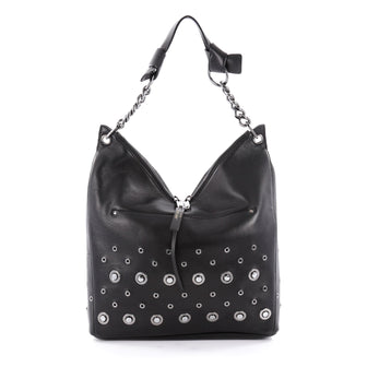 Jimmy Choo Raven Shoulder Bag Intrecciato Leather with Grommet Detail Small Black 2143803
