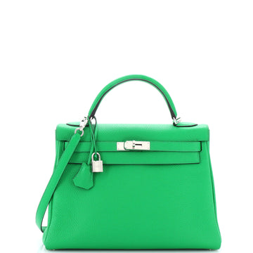 Hermes Kelly Handbag Green Togo with Palladium Hardware 32