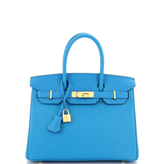 Hermes Birkin Handbag Blue Epsom with Gold Hardware 30