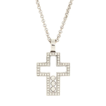 Chopard Happy 3 Diamonds Cross Pendant Necklace 18K White Gold with Floating Diamonds and Pave Diamonds