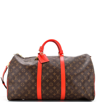 Louis Vuitton Keepall Bandouliere Bag Monogram Canvas with Coquelicot Leather Trim 50