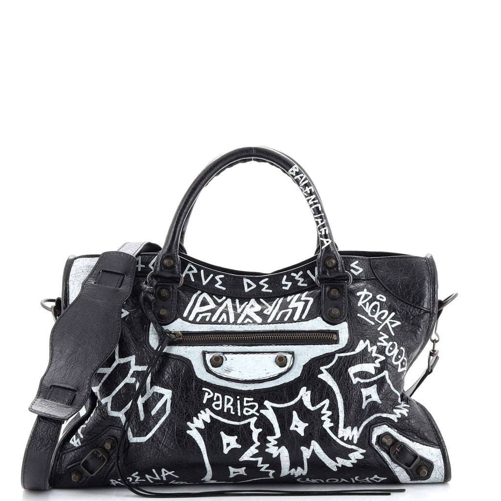 Balenciaga City Graffiti Classic Studs Bag Leather Medium Black