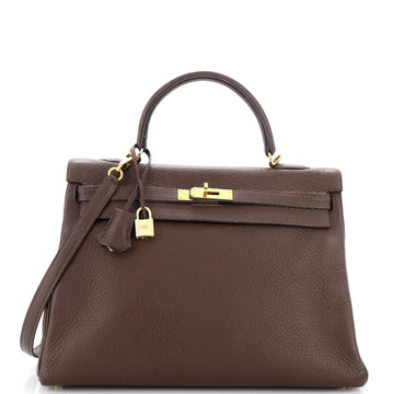 Hermes Kelly Handbag Brown Fjord with Gold Hardware 35