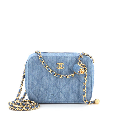 Chanel Pearl Crush Zip Around Vanity Case with Chain Quilted Denim Mini