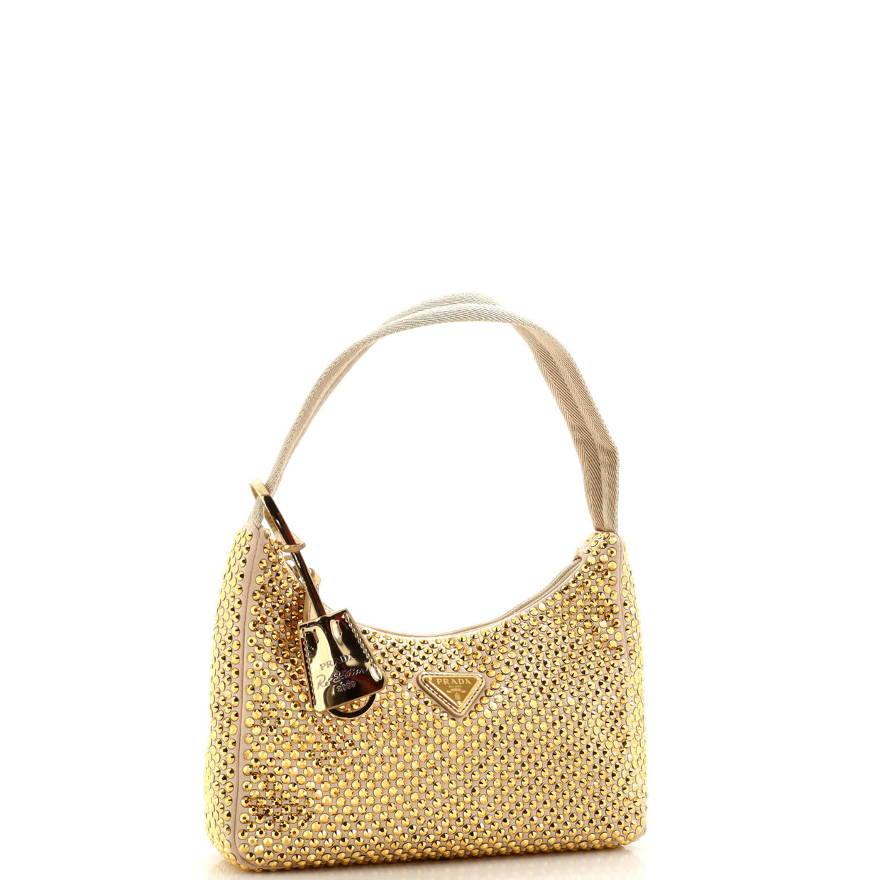 Prada ReEdition 2000 Hobo Crystal Embellished Satin Mini Gold 214930290