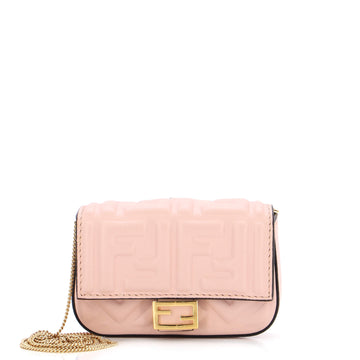 Fendi Chain Baguette Charm Bag Zucca Embossed Leather Nano
