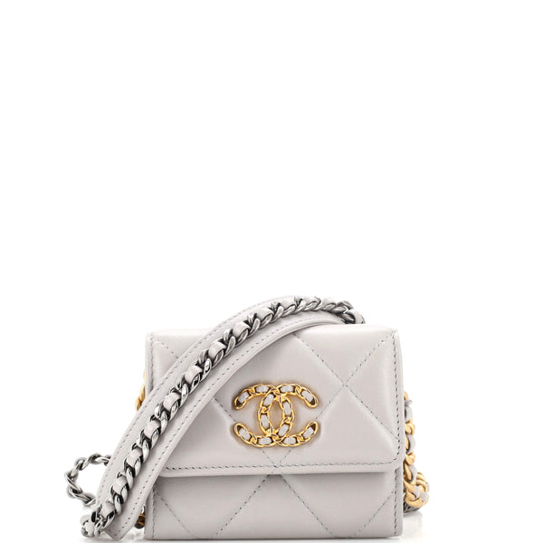 Chanel 19 Card Holder on Chain Quilted Lambskin Gray