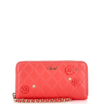 Chanel Camellia Charms Zip Around Wristlet Wallet Quilted Lambskin