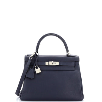 Hermes Kelly Handbag Blue Togo with Palladium Hardware 28