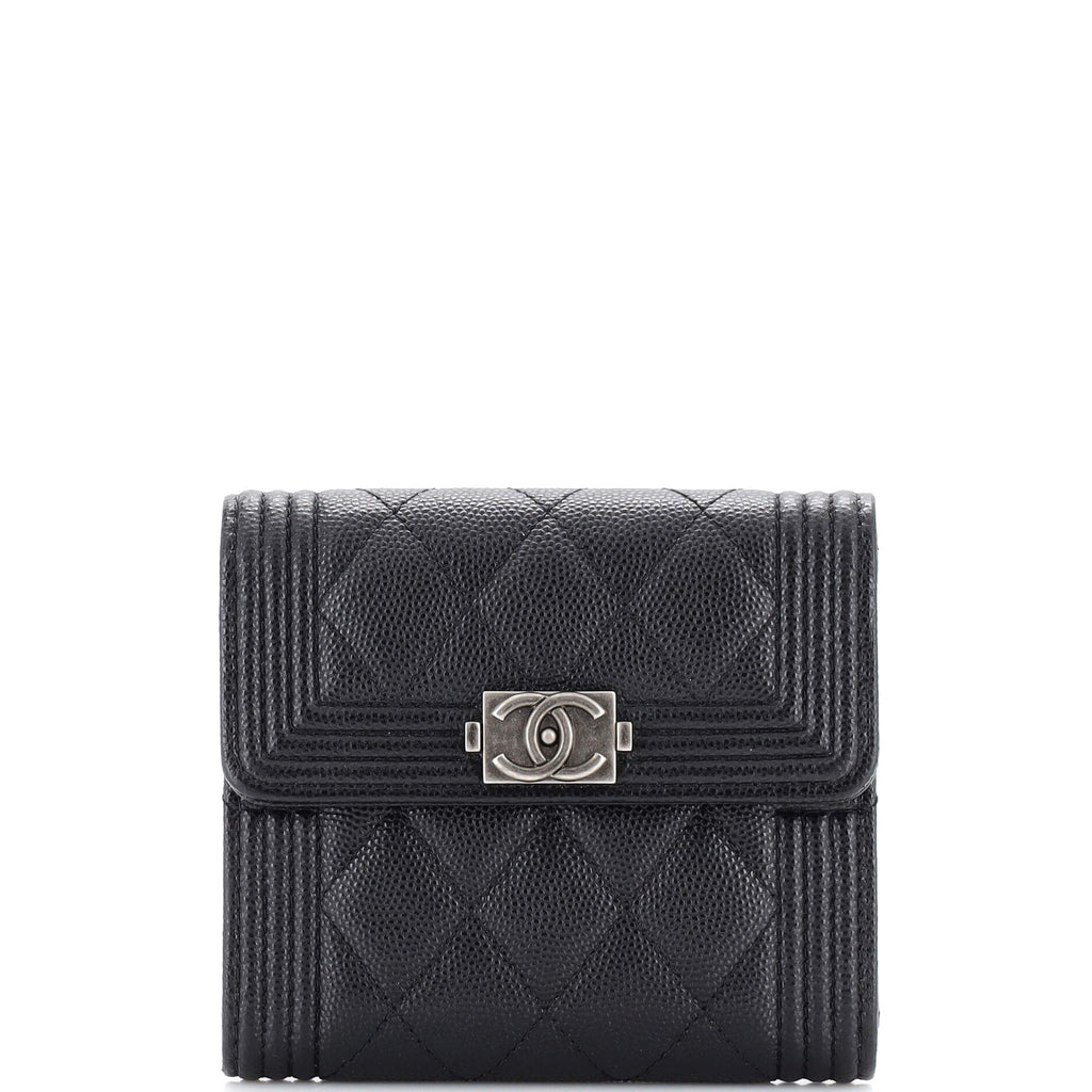 CHANEL Metallic Calfskin Quilted Small Boy Zip Around Wallet Charcoal |  FASHIONPHILE
