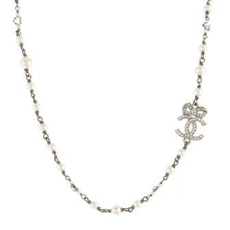 Chanel CC Bow Station Necklace Faux Pearls and Metal with Crystals