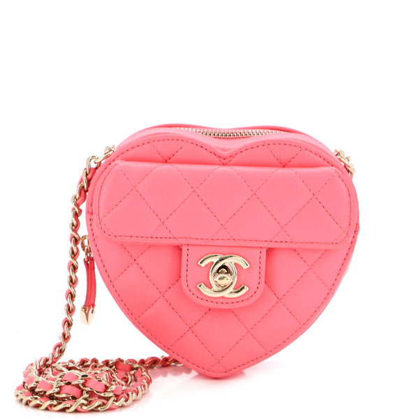 CHANEL Lambskin Quilted CC In Love Heart Clutch With Chain Pink