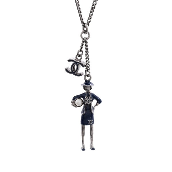 Chanel CC Coco Mademoiselle Figurine Pendant Necklace Silver