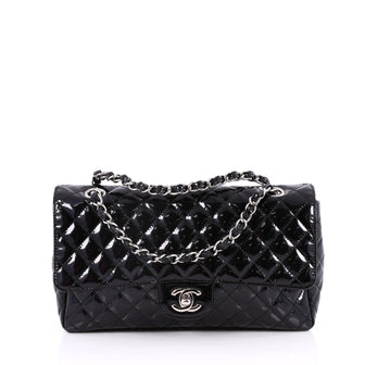 Chanel Secret Label Flap Bag Quilted Patent Jumbo Black