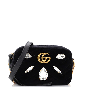 Gucci GG Marmont Shoulder Bag Crystal Embellished Matelasse Velvet Mini