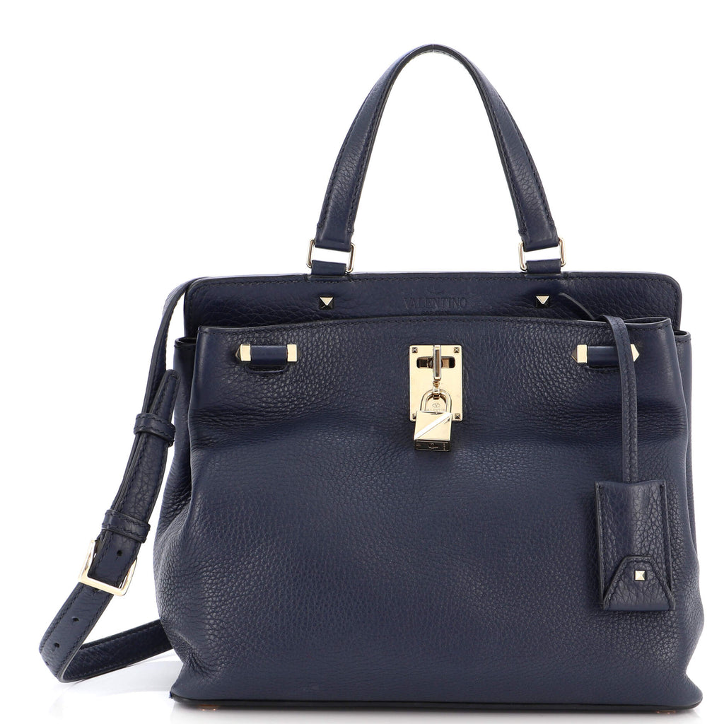Valentino Lock Top Handle Bag Leather Medium Blue 2154142