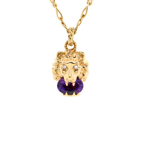 Gucci Lion Head Necklace 18K Yellow Gold with Amethyst and
