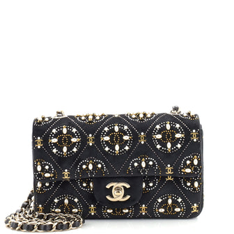 Chanel Classic Single Flap Bag Velvet with Faux Pearls and Crystals Mini