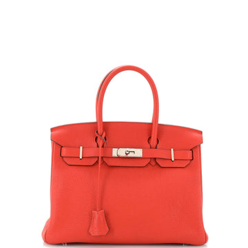 Hermes Birkin Handbag Red Clemence with Palladium Hardware 30